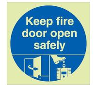 V Safety Photoluminescent Dorgard Keep Fire Door Open Safely 100 x 100 mm - Glow In The Dark Self Adhesive Vinyl Safety Sign