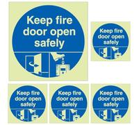 V Safety Photoluminescent Dorgard Keep Fire Door Open Safely 80 x 80 mm - Glow In The Dark Self Adhesive Vinyl Safety Sign (Pack of 5)
