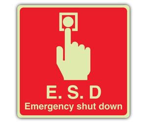 V Safety Photoluminescent E. S. D Emergency Shut Down - Square Safety Sign - 150 x 150 mm - Self Adhesive Vinyl - Double Glow
