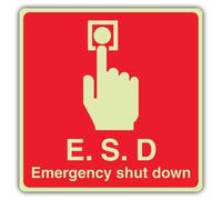 V Safety Photoluminescent E. S. D Emergency Shut Down - Square Safety Sign - 80 x 80 mm - 1.2mm Rigid Plastic - Triple Glow