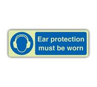 V Safety Photoluminescent Ear Protection Must Be Worn - Landscape Safety Sign - 300 x 100 mm - Self Adhesive Vinyl - Triple Glow