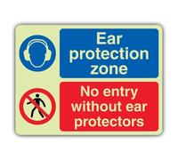 V Safety Photoluminescent Ear Protection Zone - No Entry Without Ear Protectors Safety Sign - 800 x 600 mm - 1.2mm Rigid Plastic - Double Glow
