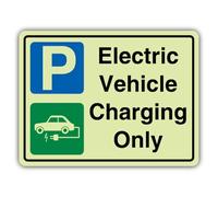 V Safety Photoluminescent Electric Vehicle Charging Only Safety Sign - 600 x 450 mm - 3mm Aluminium Composite - Standard Glow