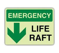 V Safety Photoluminescent Emergency Life Raft Safety Sign - 600 x 450 mm - 1.2mm Rigid Plastic - Triple Glow