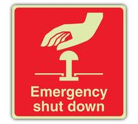 V Safety Photoluminescent Emergency Shut Down - Square Safety Sign - 200 x 200 mm - Self Adhesive Vinyl - Double Glow