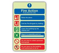 V Safety Photoluminescent Fire Action - If You Discover A Fire Safety Sign - 150 x 225 mm - Self Adhesive Vinyl - Double Glow