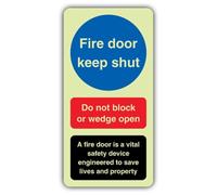 V Safety Photoluminescent Fire Door Keep Shut - Do Not Block Safety Sign - 200 x 400 mm - Self Adhesive Vinyl - Double Glow