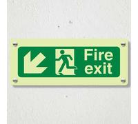 V Safety Photoluminescent Fire Exit Arrow Down Left Safety Sign - 600 x 200 mm - 3mm Aluminium Composite - Standard Glow