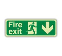 V Safety Photoluminescent Fire Exit Arrow Down Safety Sign - 300 x 100 mm - 3mm Aluminium Composite - Double Glow