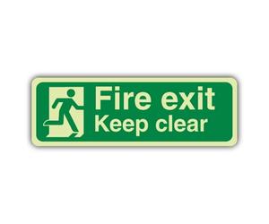 V Safety Photoluminescent Fire Exit Keep Clear With Running Man Safety Sign - 300 x 100 mm - 1.2mm Rigid Plastic - Standard Glow