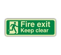V Safety Photoluminescent Fire Exit Keep Clear With Running Man Safety Sign - 450 x 150 mm - 3mm Aluminium Composite - GloReflect