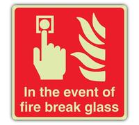 V Safety Photoluminescent In The Event Of Fire Break Glass -Square Safety Sign - 300 x 300 mm - Self Adhesive Vinyl - Standard Glow