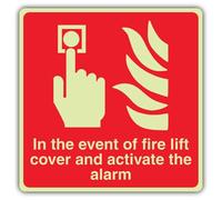 V Safety Photoluminescent In The Event Of Fire Lift Cover And Activate The Alarm - Square Safety Sign - 100 x 100 mm - 1.2mm Rigid Plastic - Double Glow