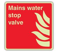 V Safety Photoluminescent Mains Water Stop Valve - Square Safety Sign - 80 x 80 mm - 1.2mm Rigid Plastic - Standard Glow