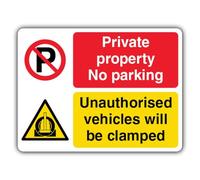 V Safety Photoluminescent Private - No Parking - Vehicles Will Be Clamped - Landscape Safety Sign - 400 x 300 mm - 1.2mm Rigid Plastic - Double Glow