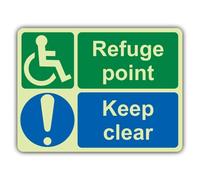 V Safety Photoluminescent Refuge Point-Keep Clear - Large Landscape Safety Sign - 400 x 300 mm - 1.2mm Rigid Plastic - Double Glow