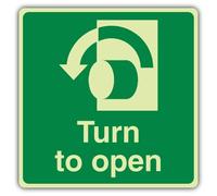 V Safety Photoluminescent Turn To Open Anti-Clockwise - Square Safety Sign - 100 x 100 mm - 1.2mm Rigid Plastic - Standard Glow