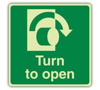 V Safety Photoluminescent Turn To Open Clockwise - Square Safety Sign - 100 x 100 mm - 1.2mm Rigid Plastic - Standard Glow