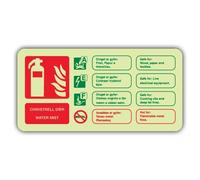 V Safety Photoluminescent Welsh/English - Water Mist Fire Extinguisher Safety Sign - 180 x 90 mm - 1.2mm Rigid Plastic - Double Glow