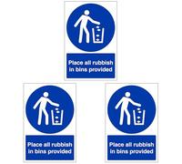 V Safety Place All Rubbish In Bins Provided - Portrait 150 x 200mm - 2mm Rigid Plastic Safety Sign (Pack of 3)