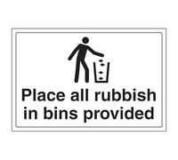 V Safety Place Rubbish In Bins Provided - Large Landscape 300 x 200 mm - 2mm Super-Tough Rigid Plastic Safety Sign