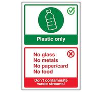 V Safety Plastic Only/Don't Contaminate Waste Streams! 300 x 400 mm - Glow In The Dark 1mm Rigid Plastic Safety Sign
