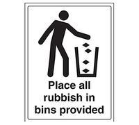 V Safety Please All Rubbish In Bins Provided Sign - 300mm x 400mm - Self Adhesive Vinyl
