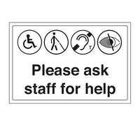 V Safety Please Ask Staff For Help 300 x 200 mm - Glow In The Dark Self Adhesive Vinyl Safety Sign