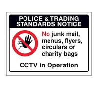 V Safety Police & Trading...No Junk Mail, Menus...CCTV in Operation 150 x 100 mm - 3mm Brushed Aluminium Composite Safety Sign