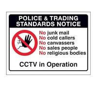 V Safety Police & Trading...No Junk Mail, No...CCTV in Operation 150 x 100 mm - 3mm Brushed Aluminium Composite Safety Sign