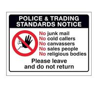V Safety Police & Trading Standards...No Junk Mail, No Cold Callers... 150 x 100 mm - 1mm Rigid Plastic Safety Sign