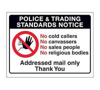 V Safety Police & Trading Standards Notice, No Cold Callers... 150 x 100 mm - 2mm Rigid Plastic Safety Sign