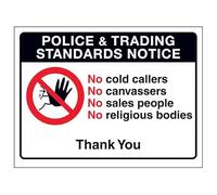 V Safety Police & Trading Standards Notice, No Cold Callers...Thank You 150 x 100 mm - Self Adhesive Vinyl - Aluminium Effect Safety Sign
