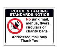 V Safety Police & Trading Standards Notice, No Junk Mail, Menus... 150 x 100 mm - 1mm Rigid Plastic Safety Sign