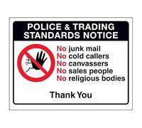 V Safety Police & Trading Standards Notice, No Junk Mail, No Cold... 150 x 100 mm - 1mm Rigid Plastic Safety Sign