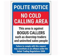 V Safety Polite Notice/No Cold Calling Area/Against Bogus Callers/Failure To Comply 200 x 300 mm - Face Adhesive Window Sticker Safety Sign