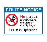 V Safety Polite Notice, No Junk Mail, Menus...CCTV in Operation 150 x 100 mm - 2mm Rigid Plastic Safety Sign