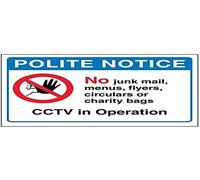 V Safety Polite Notice: No Junk Mail, Menus Or Flyers Sign - 200mm x 150mm - Self Adhesive Vinyl