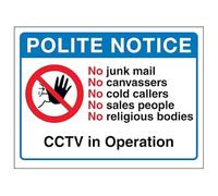 V Safety Polite Notice, No Junk Mail, No Canvassers, No...CCTV in Operation 150 x 100 mm - 3mm Brushed Aluminium Composite Safety Sign