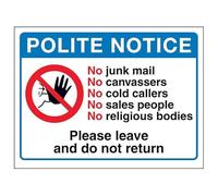 V Safety Polite Notice, No Junk Mail, No...Please Leave and Do Not Return 150 x 100 mm - 2mm Rigid Plastic Safety Sign