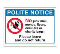 V Safety Polite Notice, No Junk Mail...Please Leave and Do Not Return 150 x 100 mm - 1mm Rigid Plastic Safety Sign