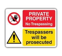 V Safety Private Property No Trespassing Trespassers Will Be Prosecuted Safety Sign - 600 x 450 mm - Glow In The Dark Self Adhesive Vinyl