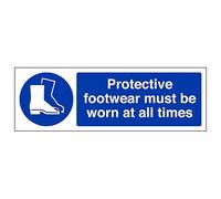 V Safety Protective Footwear Must Be Worn At All Times 450 x 150 mm - Self Adhesive Vinyl - Aluminium Effect Safety Sign