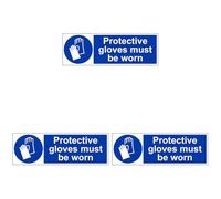 V Safety Protective Gloves Must Be Worn 300 x 100 mm - 2mm Rigid Plastic Safety Sign (Pack of 3)