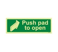 V Safety “Push Pad to Open” Rigid Plastic Glow-in-the-Dark Safety Sign 300 × 100 mm - EN ISO 7010 Compliant Photoluminescent Safe Condition Emergency Door Sign