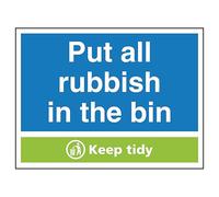 V Safety Put All Rubbish In the Bin Keep Tidy 200 x 150 mm - Self Adhesive Vinyl Safety Sign