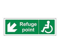 V Safety Refuge Point Arrow Down Left - Landscape 300 x 100 mm - Glow In The Dark 1mm Rigid Plastic Safety Sign