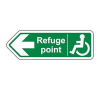 V Safety Refuge Point Arrow Left - Shaped Sign 450 x 150 mm - 3mm Brushed Aluminium Composite Safety Sign
