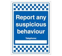 V Safety Report Any Suspicious Behaviour - Telephone 450 x 600 mm - Self Adhesive Vinyl Safety Sign