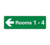 V Safety Rooms 1-4 Arrow Left 450 x 150 mm - 2mm Super-Tough Rigid Plastic Safety Sign